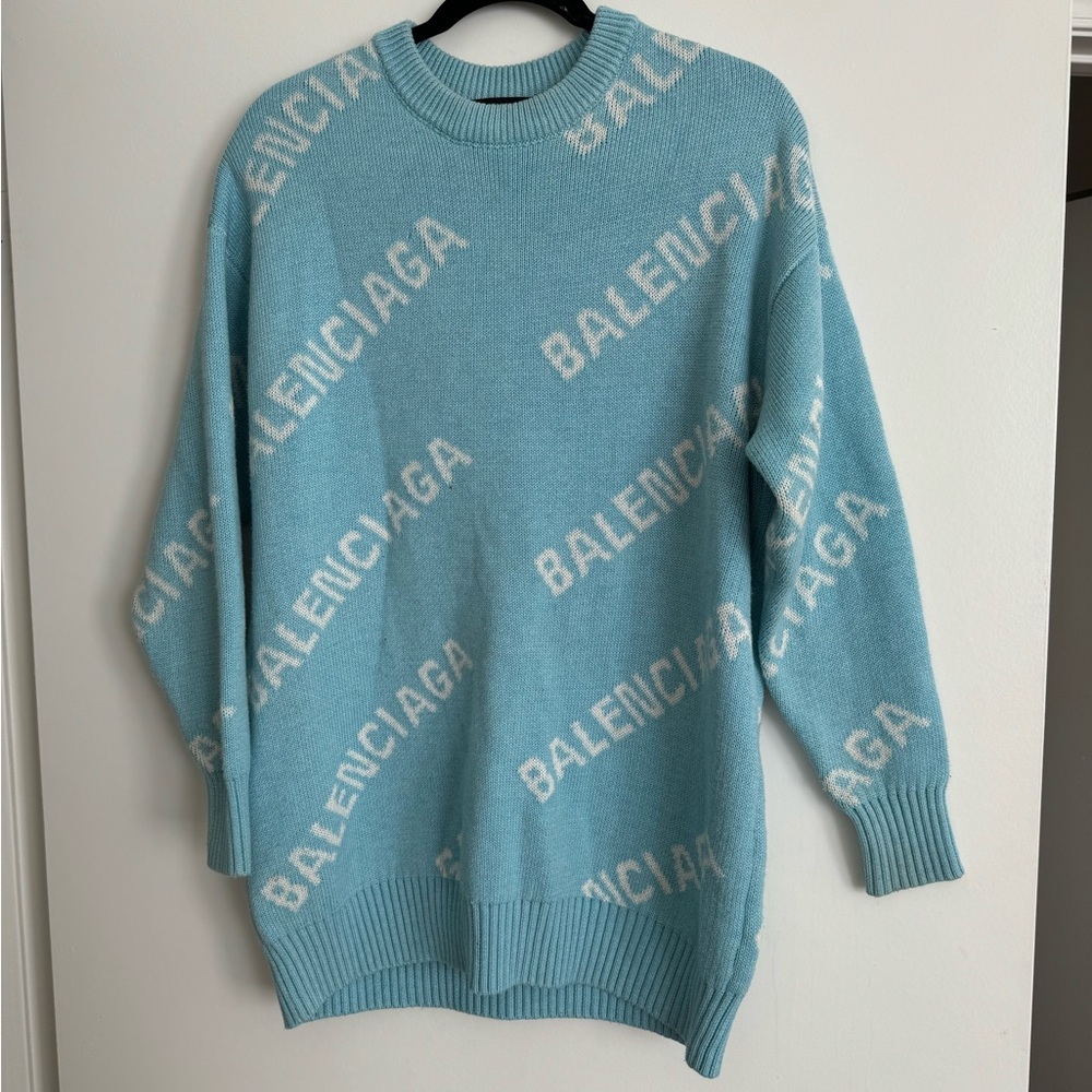 Authentic Balenciaga Baby Blue Sweater White Lettering Size Small
